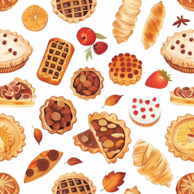 Photo a pattern of pastries and desserts including pies cakes and tarts