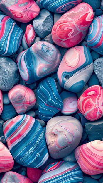 Photo a a pattern of pink and blue striped river stones