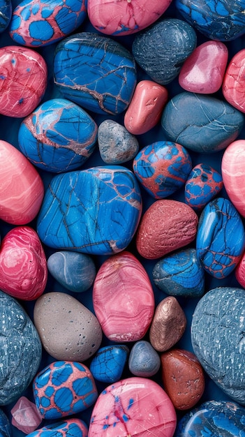 Photo a a pattern of pink and blue striped river stones