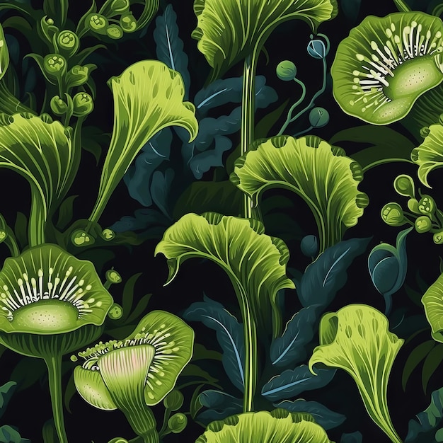 A pattern of plants and monsters with the words carnivorous