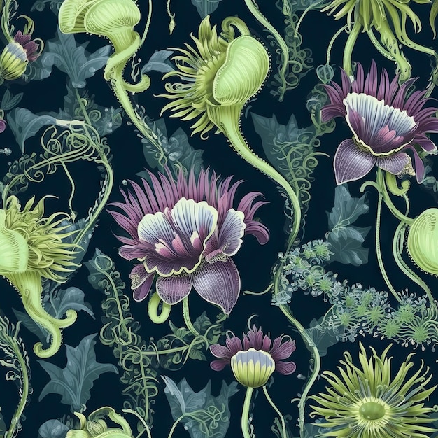 A pattern of plants and monsters with the words carnivorous