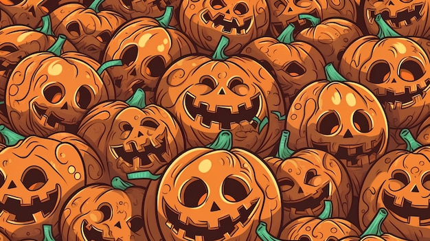 A pattern of pumpkins with the words halloween on the bottom.