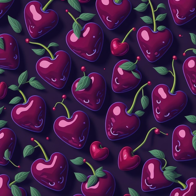 A pattern of purple cherries with leaves on a dark background.