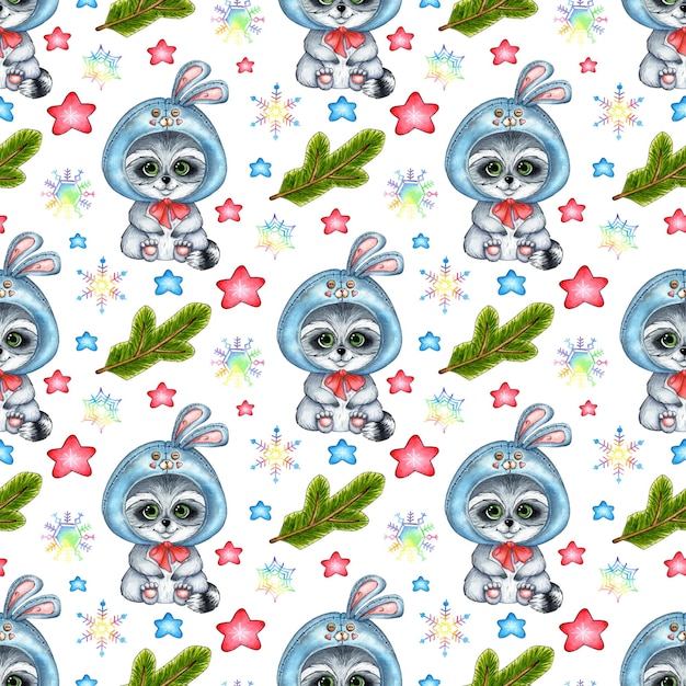 Pattern of a raccoon in a bunny hat with snowflakes and spruce branches in watercolor