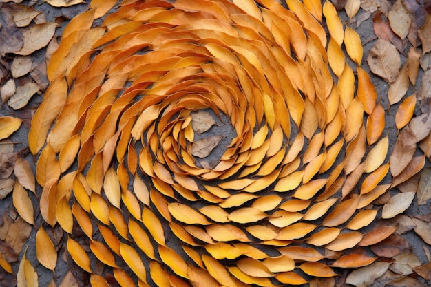 Pattern of raked leaves forming a spiral shape