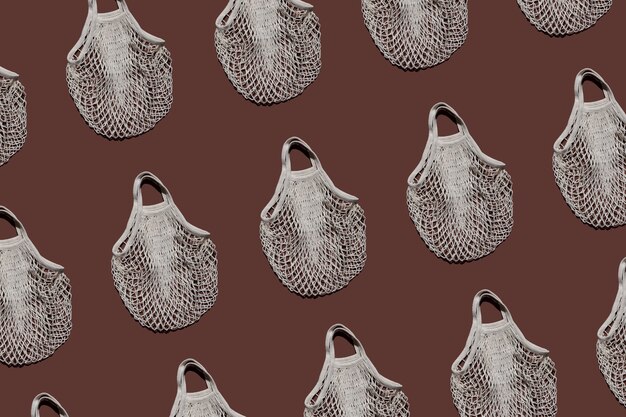 pattern of reusable bags on a brown background for eco shopping