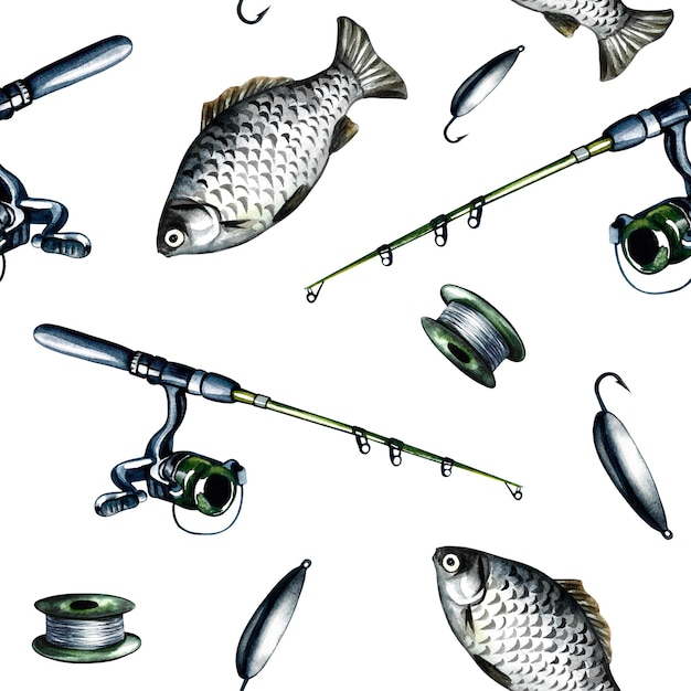 Pattern seamless texture with fish and fishing rods for the angler. Watercolor illustration.