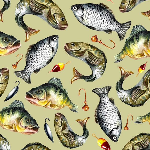 Pattern seamless texture with fish floats and hooks for the angler. Watercolor illustration.