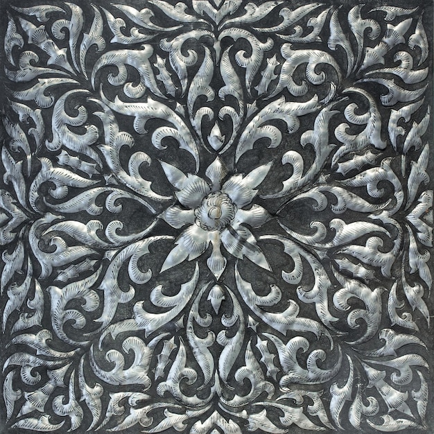 Pattern of Silver Metal Plate with Flower Carved Background Thai Style