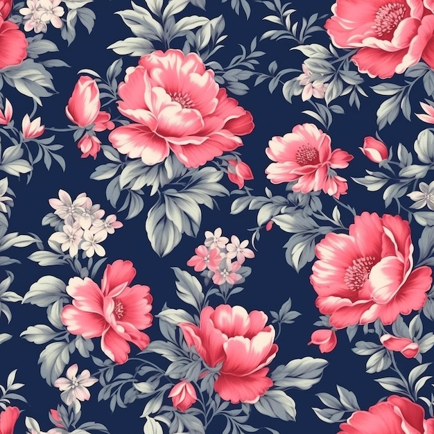 Pattern in small colorful rose flowers dark blue background seamless floral pattern