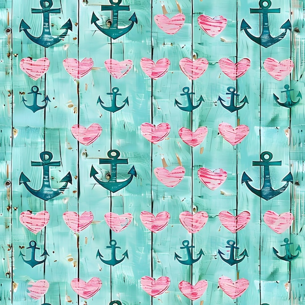 Photo pattern of small heartshaped nails with rabbit and anchor symbols on turquoise wood