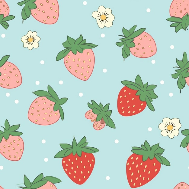 A pattern of strawberries with white flowers on a blue background.