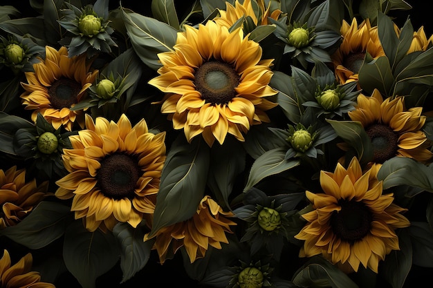 A pattern of sunflowers with green leaves on a black background