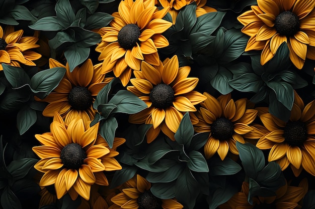 A pattern of sunflowers with green leaves on a black background