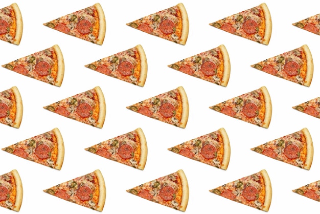 Pattern template wallpaper on white Pieces of pizza with meat mushrooms vegetables Concept fo