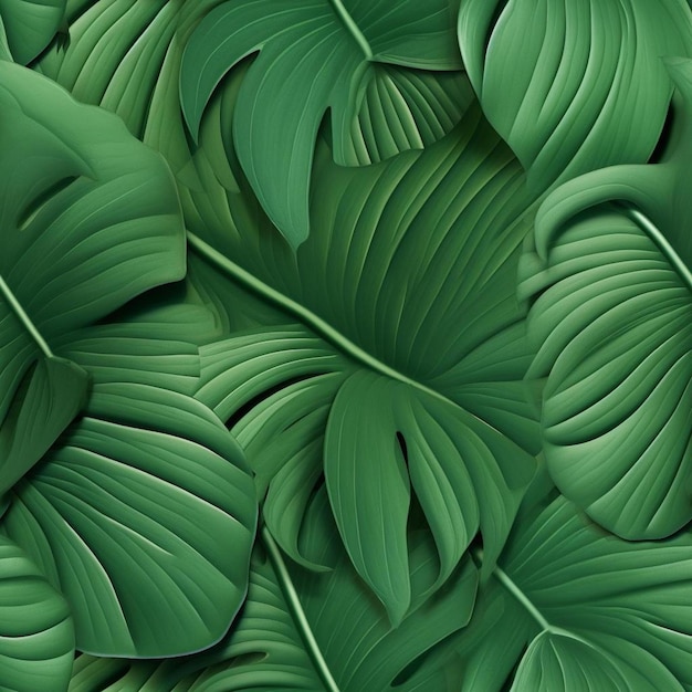 A pattern of tropical leaves with a green background.