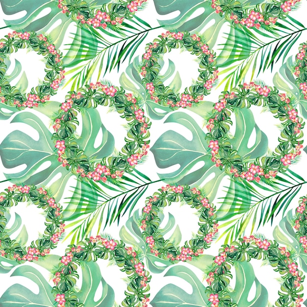 A pattern of tropical plants and plumeria Monstera The palm branch Watercolor illustration Nature of the tropics Collage of monstera and palm trees Mosaic