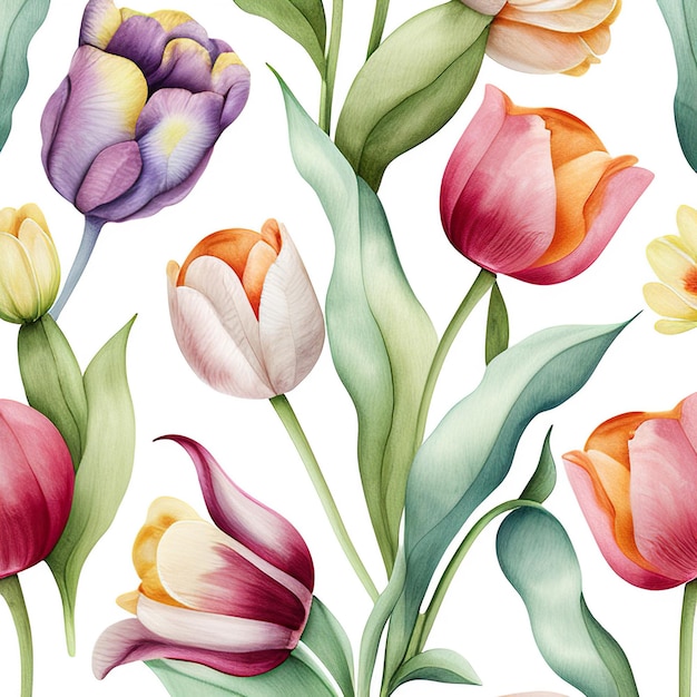 The pattern of tulips on a white background close up is generated AI International Women's Day