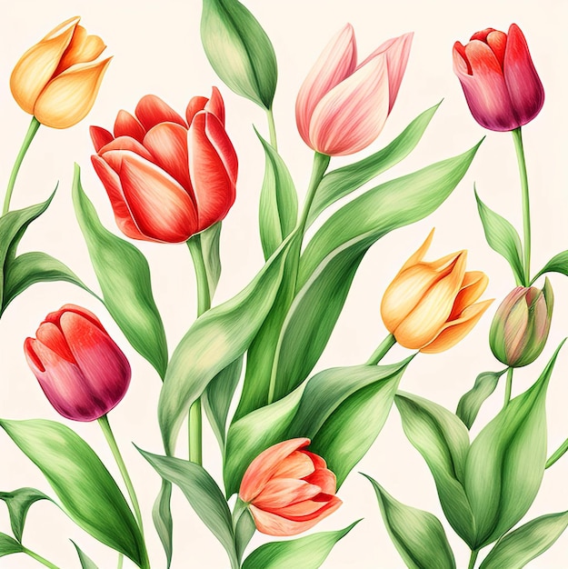 The pattern of tulips on a white background at vintage style is generated AI