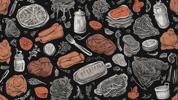 A pattern of various deli meats and other sandwich ingredients