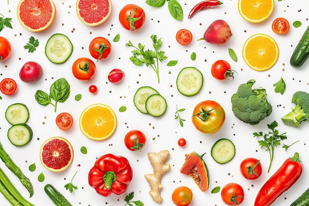 pattern various fresh vegetables fruits isolated white background top view flat lay