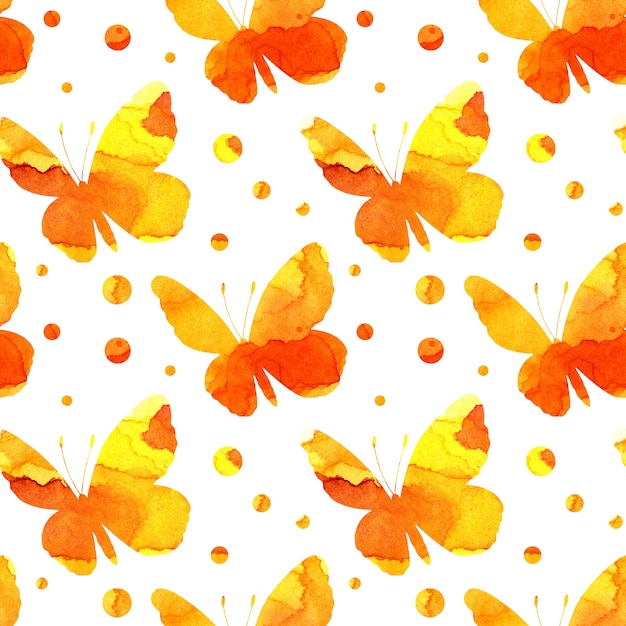 Pattern of watercolor illustration of yellow silhouettes of butterflies and circles Insect traps