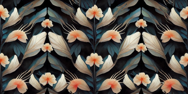 Pattern of white, blue and orange flowers on a black background. Watercolor illustration for textile