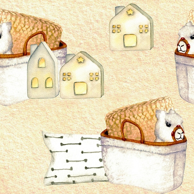 Pattern Wicker basket ceramic houses lanterns pillows toy lama Watercolor illustration interior of living room Clipart Home decor elements on a white background