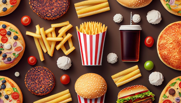 Pattern with american fast food Fun and bright colorful background Wallpaper AI generated