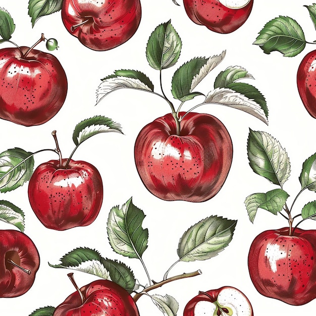 a pattern with apples and leaves on a white background