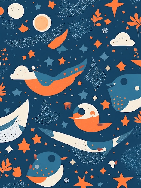 A pattern with birds and stars on a blue background.