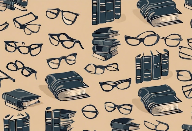 A pattern with books and glasses on a beige background