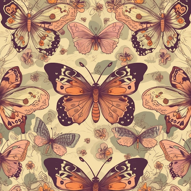 A pattern with butterflies and flowers.