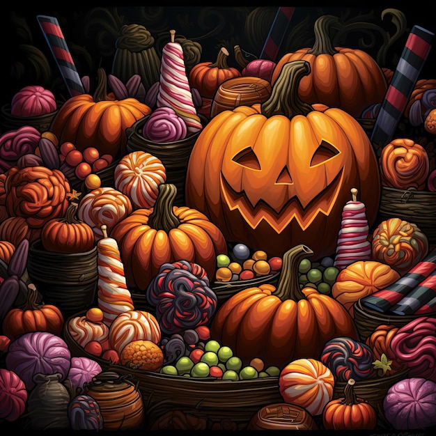 a pattern with candies and pumpkin in the style of dark themes