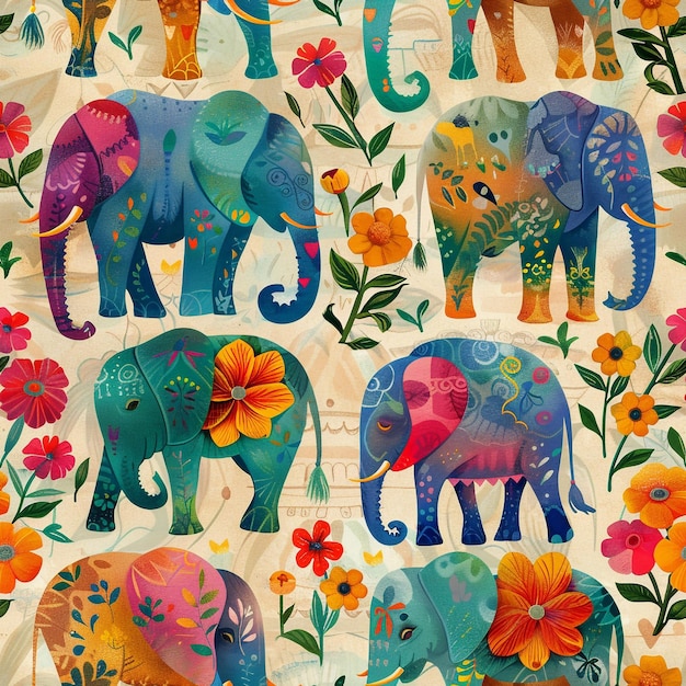 Photo pattern with cartoon elephants african pattern