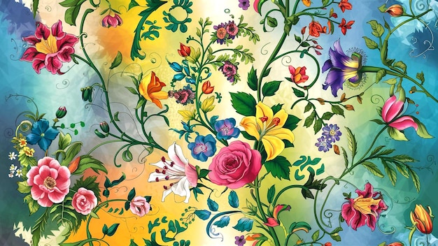 Pattern with colorful exotic flowers and leaves design