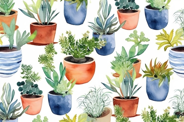 A pattern with different types of plants on a white background.