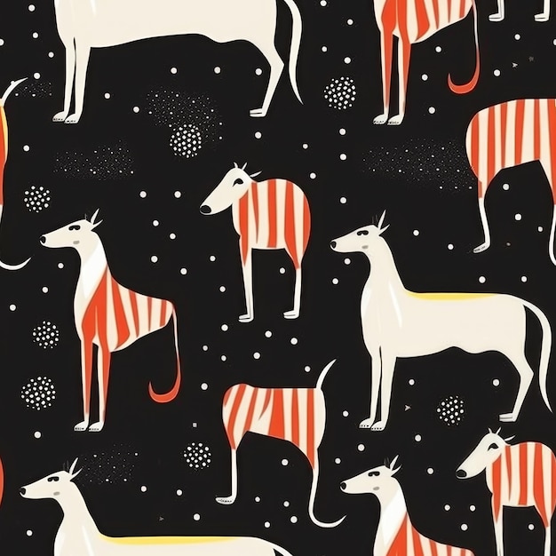 A pattern with a dog and a cat on a black background.