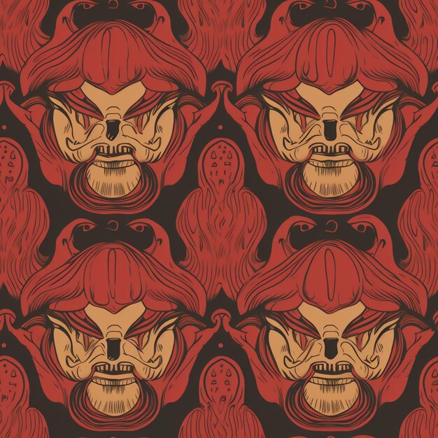 A pattern with a face of a monster with a red background.