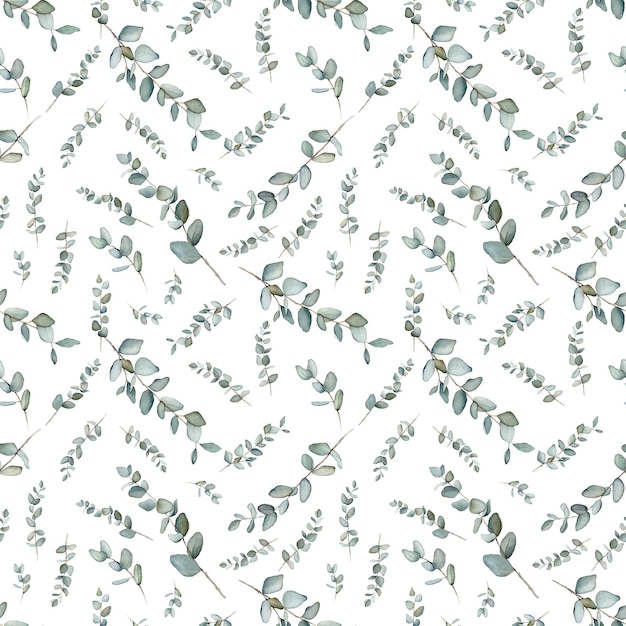 Pattern with green eucalyptus leaves Botanical natural Watercolor isolated illustration on white background Seamless pattern an illustration for postcards posters textile design and other