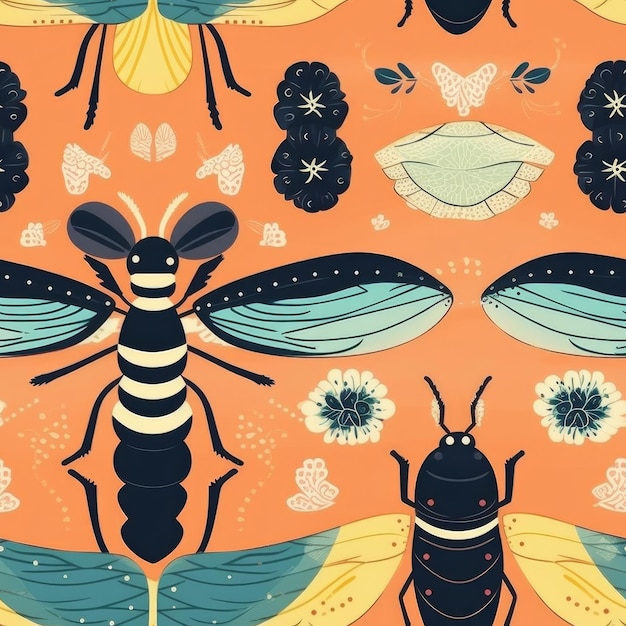 A pattern with insects and flowers on a orange background