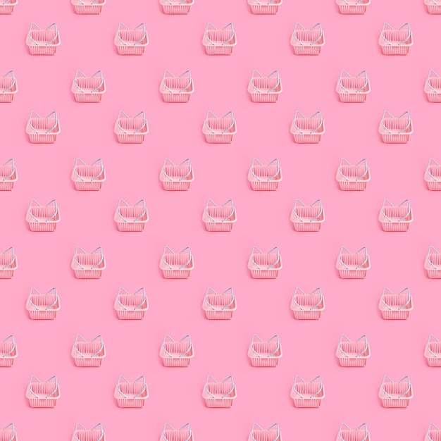 Pattern with pink plastic shopping basket on pink pastel background creative minimalist design