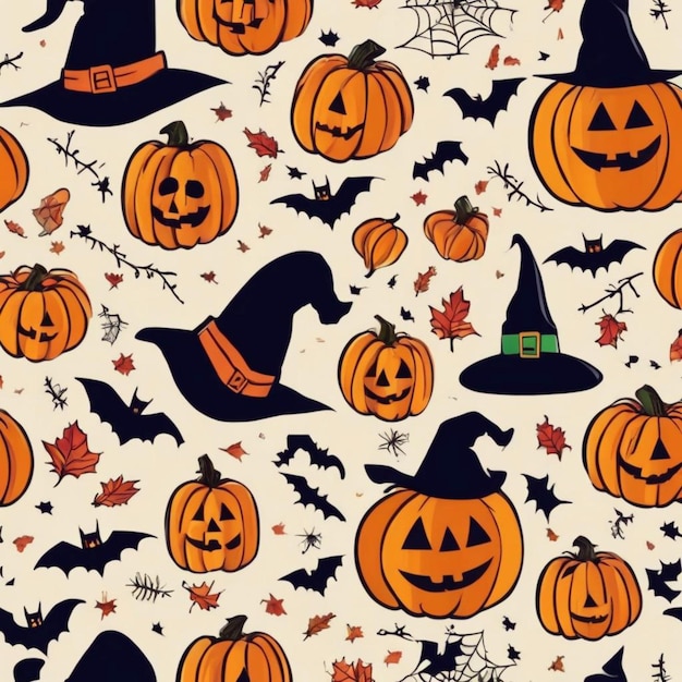 Pattern with pumpkins witches hats and bats for Halloween