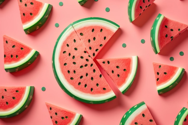 Pattern with ripe watermelon slice on pink background AI generation