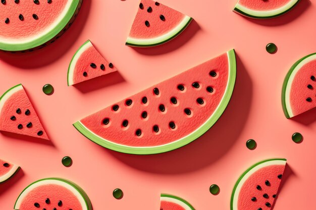 Pattern with ripe watermelon slice on pink background AI generation