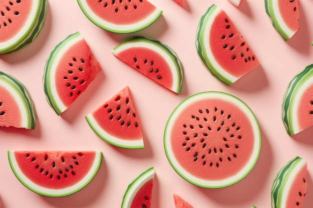 Pattern with ripe watermelon slice on pink background AI generation