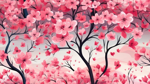 pattern with trees with pink flowers