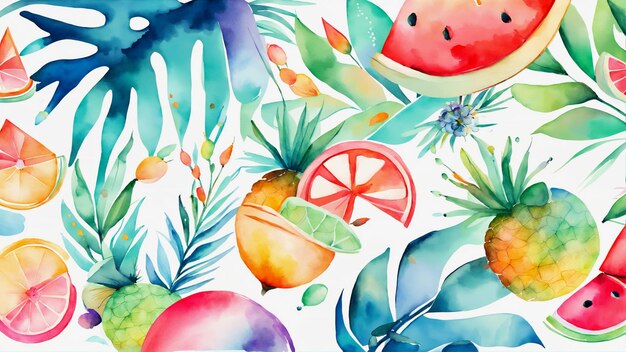 Photo pattern with watercolor flowers and fruits handdrawn illustration