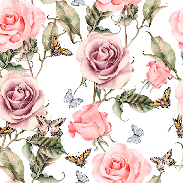 Pattern with watercolor realistic rose and butterflies