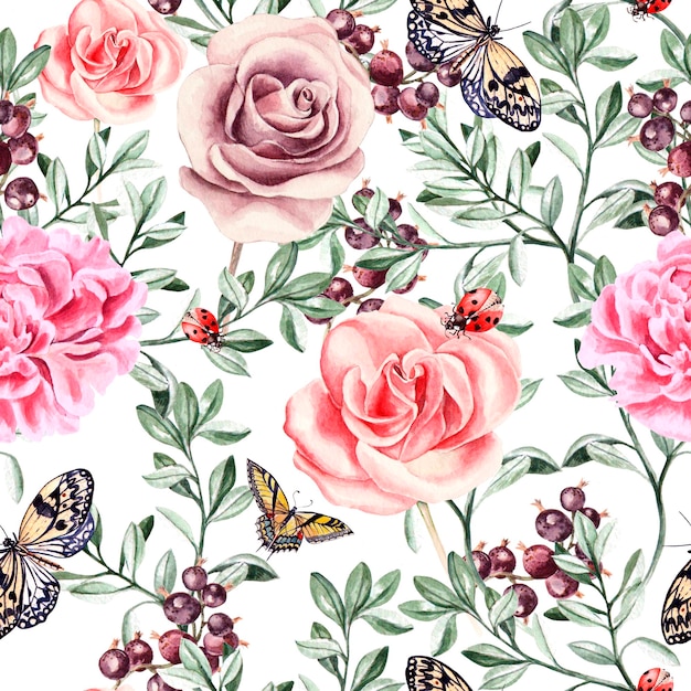 Pattern with watercolor realistic rose peonies butterflies and plants